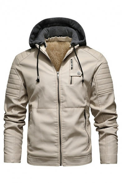 Men Trendy Leather Jacket Plain Hooded Brushed Full-Zip Leather Jacket