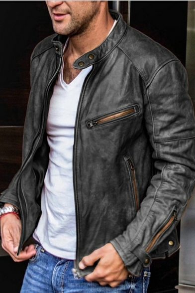 Men Urban Leather Jacket Solid Color Stand Collar Full Zipper Leather Jacket