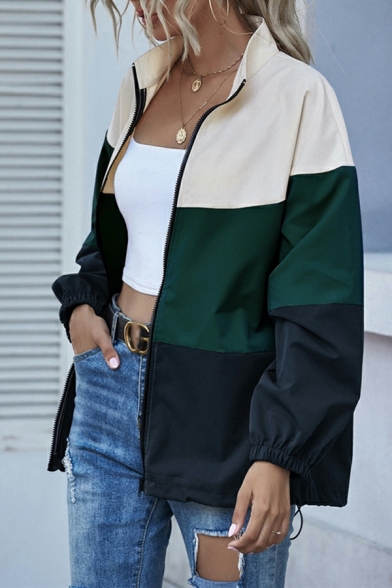 Modern Casual Jacket Color Block Full Zipper Front Pocket Casual Jacket for Women