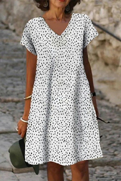 Modern Dress Polka Dots Pattern V Neck Short Sleeve Sashes Mini A-Line Dress for Girls