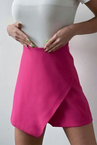 Modern Women Shorts Pure Color High Rise Elastic Waist Irregular Shorts