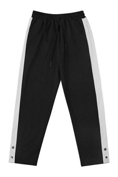 Retro Boys Pants Contrast Color Drawstring Waist Loose Mid Rise Long Length Pants