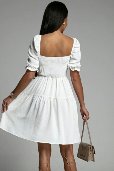 Simple Women's Dress Solid Sashes Detail Short Sleeve Square Neck Mini A-line Dress