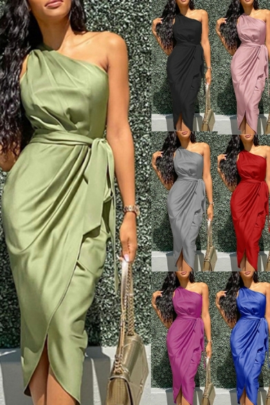 Chic Women's Dress Solid Color Asymmetrical Lace-up One Shoulder Mid Length Wrap Dress