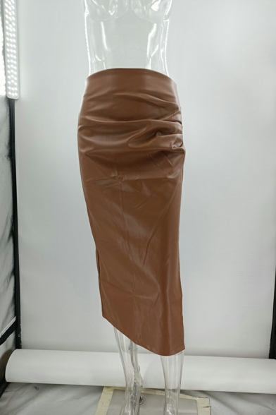 Cool Leather Skirt Solid Color Split Design Midi Skirt for Women