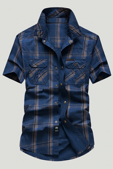 Dashing Shirt Checked Print Spread Collar Pocket Fitted Short Sleeve Button Shirt for Boys