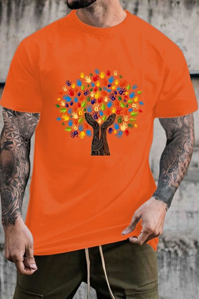 Edgy Pure Color Tee Shirt Tree Print Round Neck Short Sleeve Fitted T-shirt for Guys