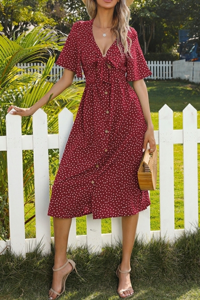 Fancy Dress Polka Dots Print Short Puff Sleeve Bow V-neck Button Fly Midi Dress for Ladies