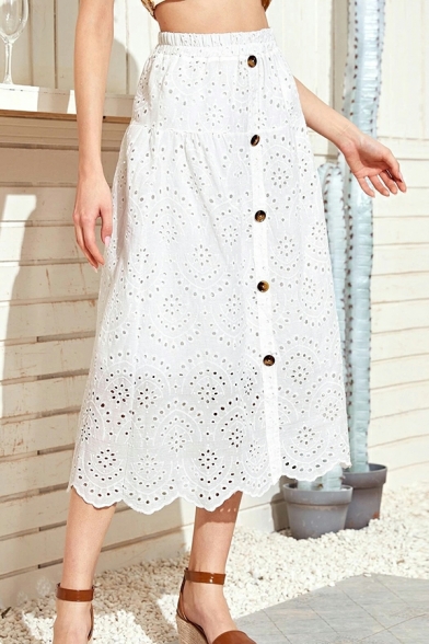 Freestyle Lace Skirt Plain Elastic Waist Button Design A-Line Midi Skirt for Women