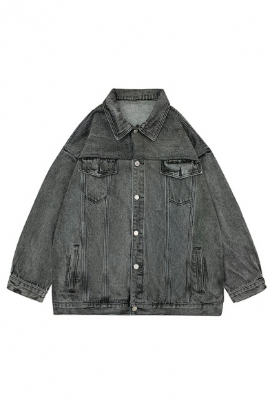Guys Street Style Jacket Plain Front Pocket Spread Collar Button down Baggy Denim Jacket