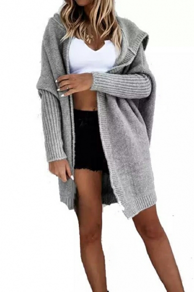 Hot Women Cardian Hooded Whole Colored Long Sleeve Relaxed Open Front Cardian