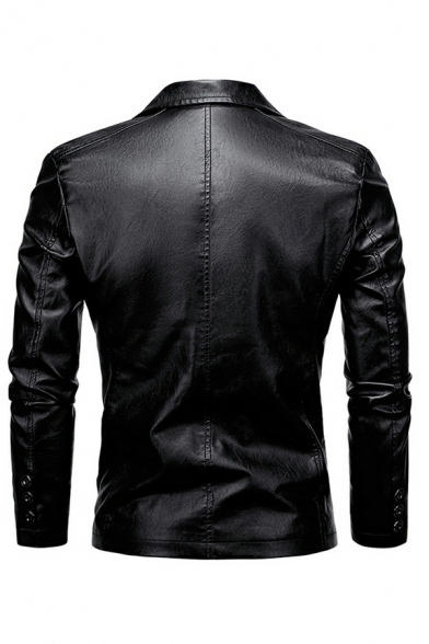 Men Fashionable Leather Jacket Plain Lapel Collar Button up Leather Jacket