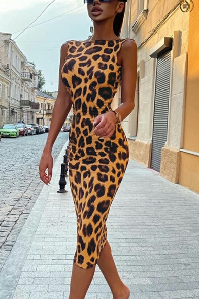 Sexy Women's Dress Leopard Printed Sleeveless Slimming Backless Crew Neck Dress