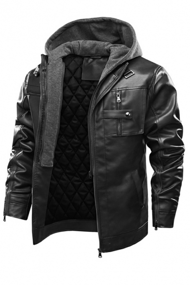 Street Look Men Jacket Solid Color Hooded Fitted Pocket Long Sleeves Zipper Leather Jacket