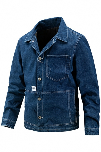 Urban Jacket Pure Color Notched Collar Pocket Long Sleeves Button Fly Denim Jacket for Men