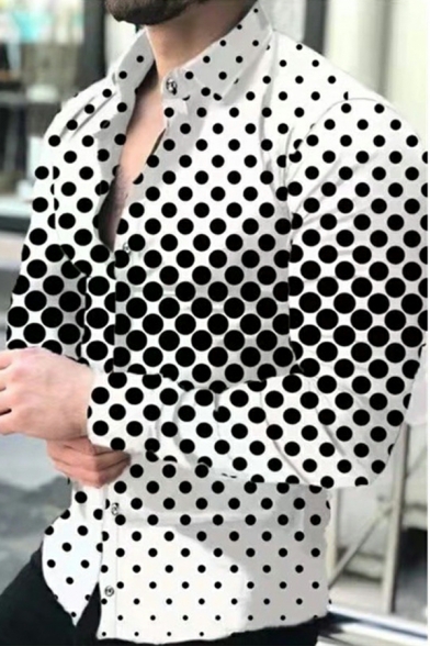 Urban Mens Shirt Polka Dots Pattern Long-Sleeved Turn-down Collar Skinny Button Fly Shirt