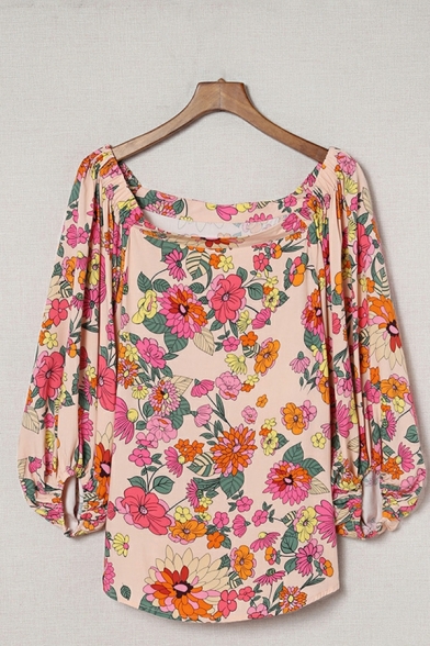 Basic Women's T-Shirt Floral Pattern 3/4 Length Puff Sleeved One Shoulder Oversize Tee Top