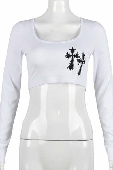 Boyish T-Shirt Cross Pattern Hook Neck Short Sleeve Short Top T-Shirt for Women