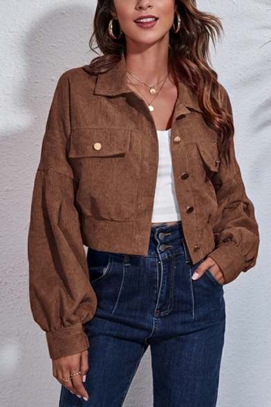 Dashing Casual Jacket Solid Color Corduroy Flap Pocket Casual Jacket for Women