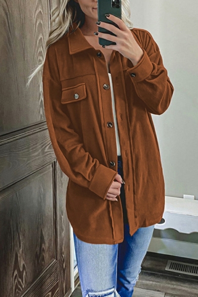 Edgy Ladies Jacket Solid Color Chest Pocket Spread Collar Regular Button down Jacket