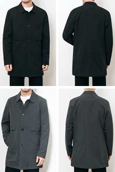 Edgy Mens Coat Solid Color Turn-down Collar Regular Long Sleeve Button Closure Trench Coat