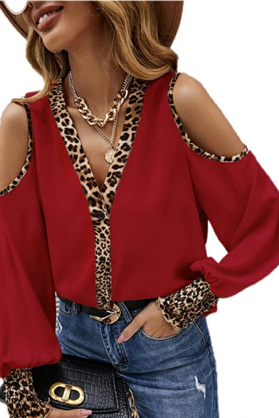 Edgy Tee Shirt Leopard Print V Neck Long Sleeves Hollow Out Button Fly Tee Top for Ladies