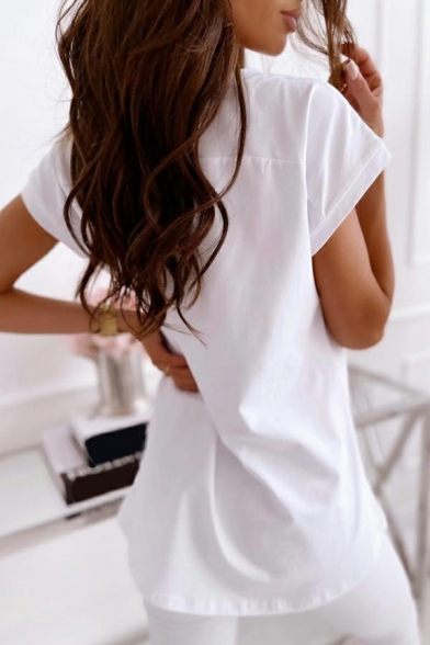 Enchanting Women Tee Shirt Pure Color V-Neck Short Sleeve Regular T-Shirt