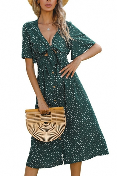 Fancy Dress Polka Dots Print Short Puff Sleeve Bow V-neck Button Fly Midi Dress for Ladies