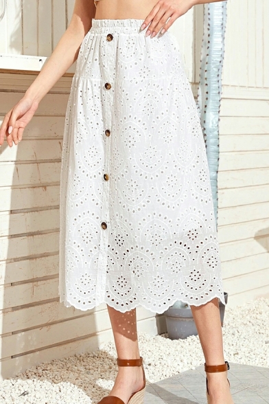 Freestyle Lace Skirt Plain Elastic Waist Button Design A-Line Midi Skirt for Women