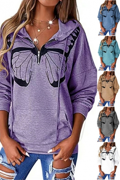 Hot Ladies Hoodie Butterfly Pattern Regular Hooded Zipper Long-Sleeved Drawstring Hoodie