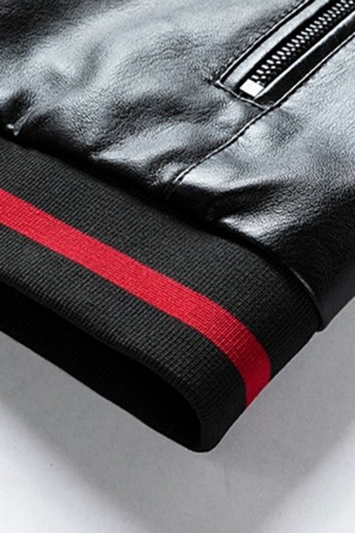 Men Modern Leather Jacket Contrast Line Print Full Zipper Leather Jacket