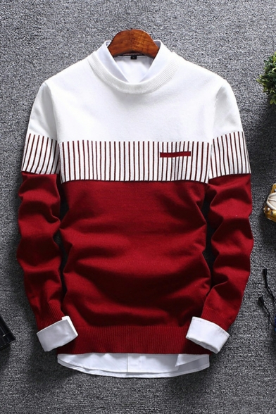 Men Urban Sweater Contrast Line Print Round Neck Ribbed Trim Sweater