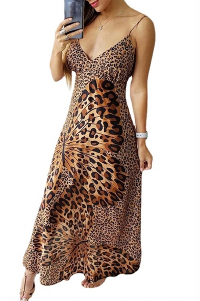 Popular Women's Dress Leopard Butterfly Pattern Maxi Length Spaghetti Straps Dress