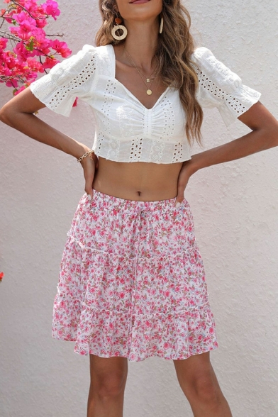 Stylish Skirt Ditsy Floral Pattern Elastic Waist Tiered Mini Skirt for Women