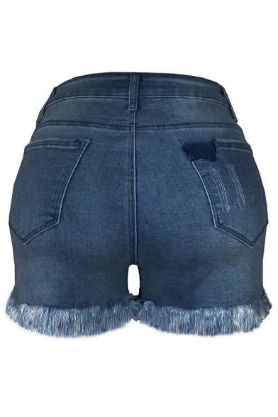Vintage Women Shorts Solid Broken Hole Detail Mid Waist Zip Closure Denim Shorts