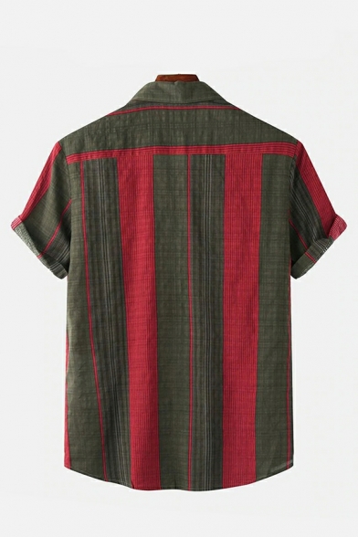 Chic Men's Shirt Stripe Pattern Short Sleeves Regular Spread Collar Button Placket Shirt