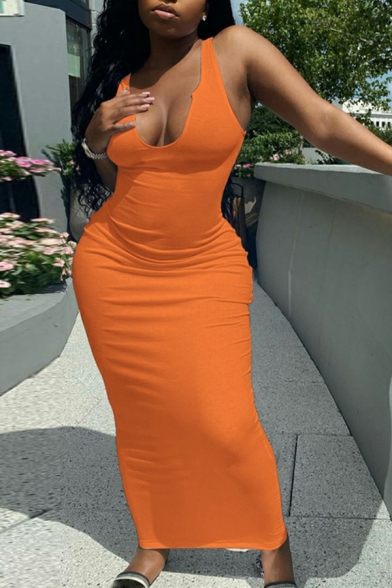Edgy Dresses Solid Color Hook Neck Sleeveless Maxi Dresses for Women