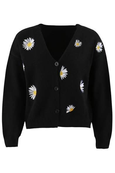 Elegant Ladies Cardian Chrysanthemum Print Long Sleeves V Neck Button Placket Cardian
