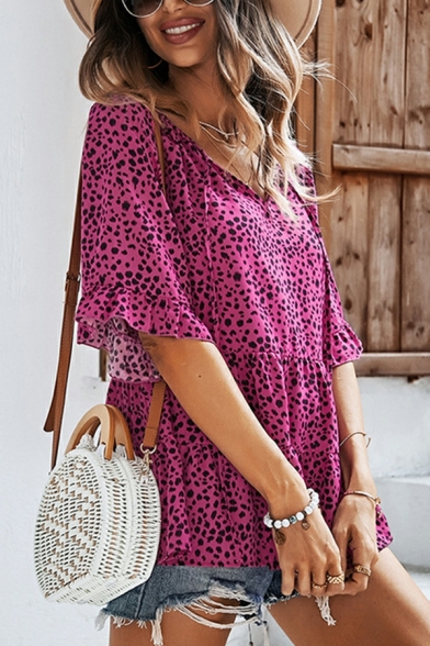 Flirty Women Tee Shirt Leopard Pattern V-Neck Half Flared-Sleeve Ruffles Detail T-Shirt
