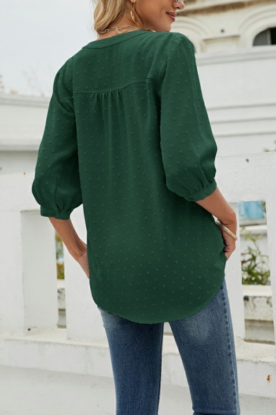 Girls Pop Shirt Polka Dots Printed Button Design V-neck 3/4 Length Sleeve Blouse