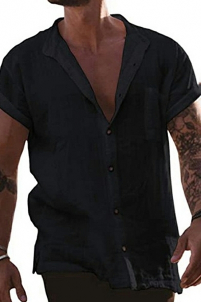 Guy's Simple Shirt Plain Chest Pocket Short-Sleeved Round Collar Relaxed Button Fly Shirt