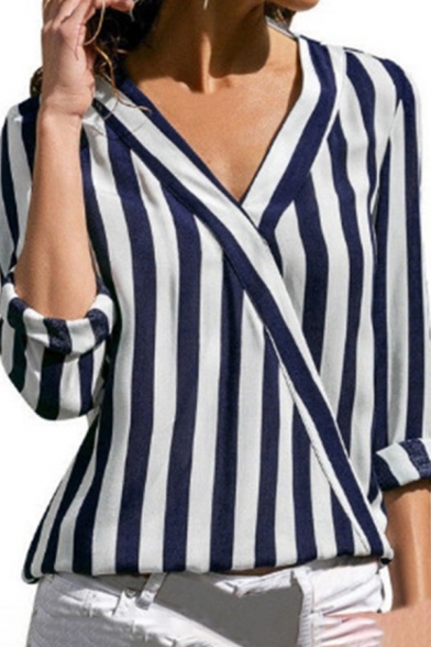 Hot Popular Surplice V-Neck Long Sleeve Striped Chiffon Blouse Top