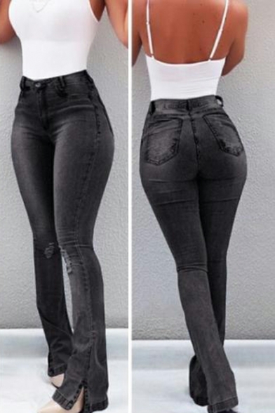 Modern Women's Bootcut Jeans Whole Colored Distressed Mid Rise Slit Hem Skinny Jeans