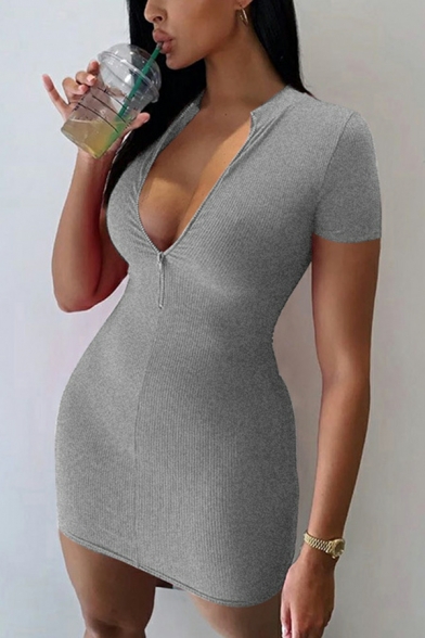 Modern Women's Dress Plain High Neck Zip Placket Short Sleeve Mini Bodycon Dress