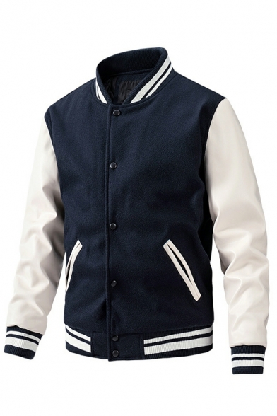 Pop Jacket Contrast Stripe Pocket Regular Button Fly Stand Collar Bomber Jacket for Boys