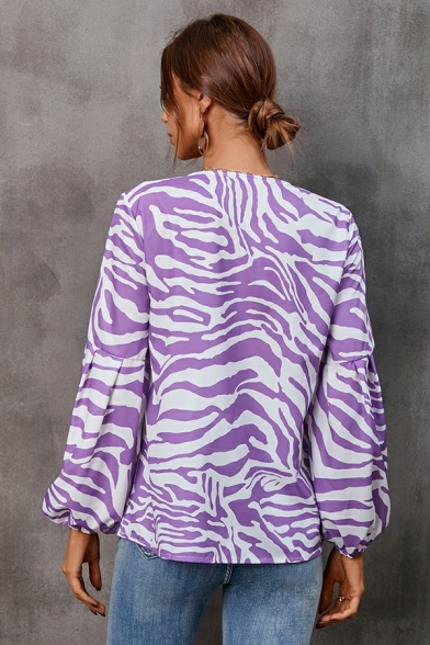 Basic Women's T-Shirt Zebra Pattern Drawstring Long-sleeved V Neck Regular Fitted Tee Top