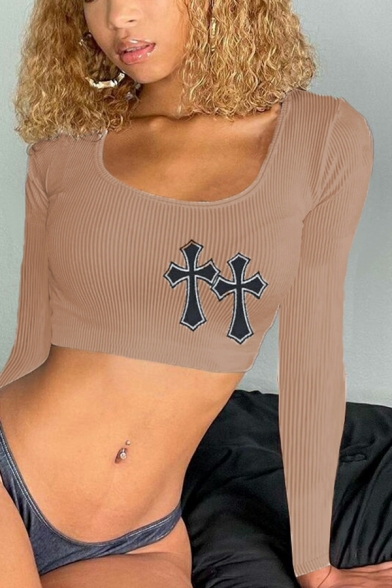 Boyish T-Shirt Cross Pattern Hook Neck Short Sleeve Short Top T-Shirt for Women