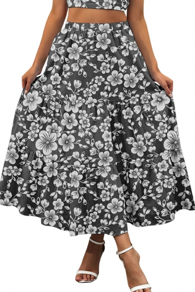 Chic Skirt Floral Patterned Elastic Waist Tiered Maxi Skirt for Women