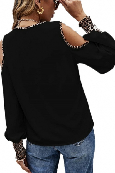 Edgy Tee Shirt Leopard Print V Neck Long Sleeves Hollow Out Button Fly Tee Top for Ladies
