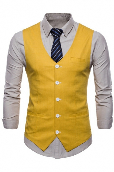 Men Boyish Suit Vest Solid Color V-Neck Single Breasted Front Pocket Suit Vest